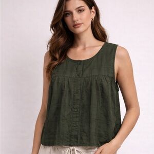 GAP Army Green Cropped Sheer Blouse Button Front Boho Granola Coastal Size M